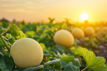bunch of yellow melons are growing in a field. The sun is setting in the background, casting a warm glow over the scene