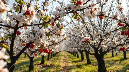 Naklejka premium Beautiful orchard path lined with blossoming cherry trees and ripe cherries, showcasing a vibrant spring landscape filled with nature's colors and tranquility. 