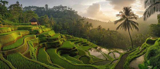 Scenic view of terraced rice fields with a small hut and palm trees against a backdrop of a misty forest at sunrise. The vibrant green hues create a serene atmosphere.