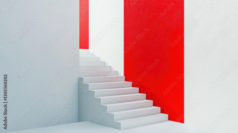 Poster abstract 3d render shows stairs. white steps lead upward. red step stands out as next step. modern d