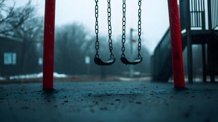 Lonely Swing Set in Rainy Park with Moody Atmosphere