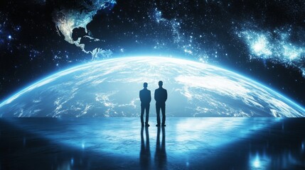 Two figures gazing at a cosmic landscape.