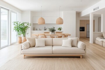 Beige Couch in Bright Modern Living Room with Kitchen View