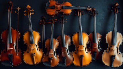 Naklejka premium Collection of wooden violins arranged in a row on a dark background. 