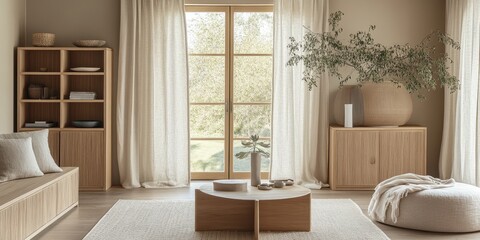 A modern living room decor showcases natural light and furniture