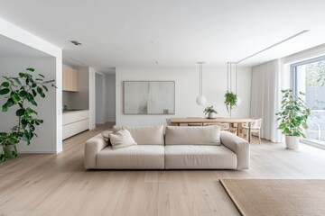 Living Room Design with Modern Sofa and Plants in Minimalist Interior