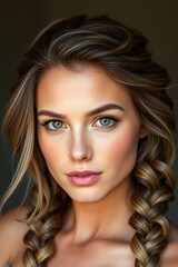 Fototapeta premium Stunning Woman with Braids and Blue Eyes Portrait