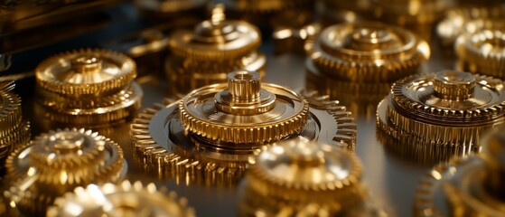 An intricate arrangement of golden clock gears, focusing on precision and the complexity of mechanical craftsmanship.