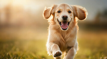 Obraz premium Cute dog enjoys a lively run on lush green grass during golden hour
