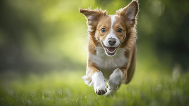 Cute dog joyfully running across lush green grass on a bright sunny day