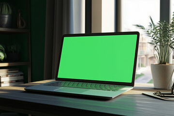 laptop with a green screen sits on a desk next to a potted plant. The laptop is open and ready for use, and the plant adds a touch of greenery to the room. The scene suggests a calm