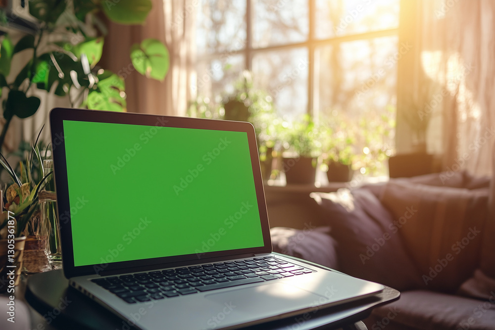 Poster laptop with a green screen sits on a table next to a potted plant. the laptop is open and the screen