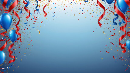 Celebration background template with confetti and red and blue ribbons.
