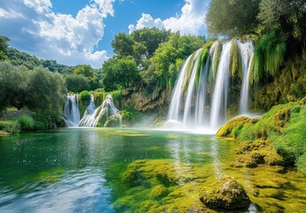 Majestic waterfall cascading into serene green lake surrounded by lush trees and vibrant nature under a bright blue sky with fluffy white clouds