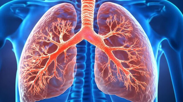 Detailed visualization of human lungs showing bronchial tree and alveoli structure