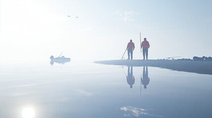 Obraz premium Two individuals fishing in serene waters