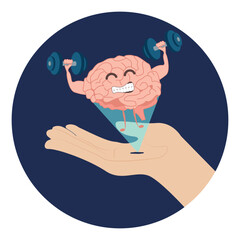 Brain in hand. Nano technology brain training with dumbbells vector illustration design