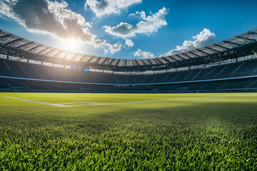 Fototapeta premium large stadium with a green field and a blue sky. The stadium is empty and the sun is shining brightly