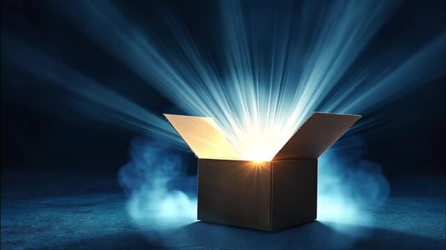 Open box with light emanating, surprising discovery, dark background, inspirational concept, potential use for advertising or motivational content