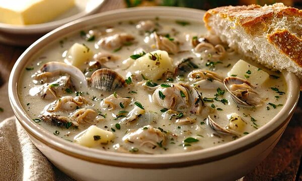 hearty clam chowder with fresh bread zoom in video