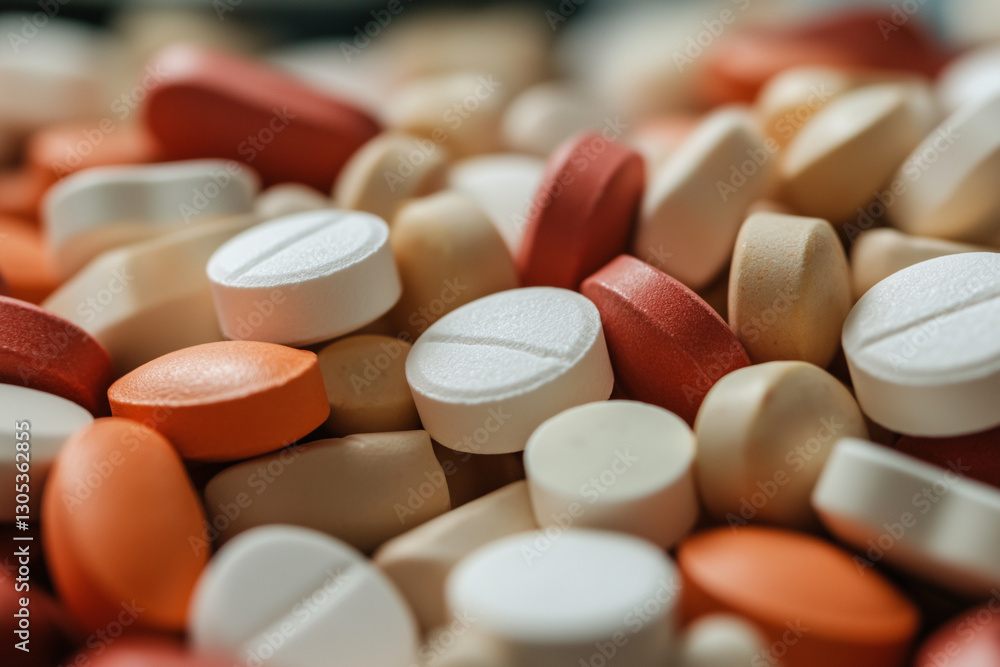Poster pile of pills of various colors and shapes. the pills are scattered all over the image, with some ov