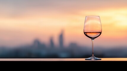 Elegant Wine Glass with Rose Wine Silhouetted Against a Beautiful Sunset Cityscape