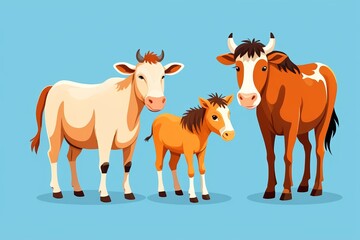 there are three cows standing together in a row on a blue background