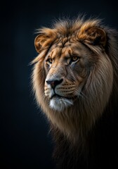 Fototapeta premium Portrait photography of a lion, with a dark blue background, in a minimalistic style
