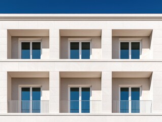 Architectural symmetry with balconies and blue sky, modern building facade detail.