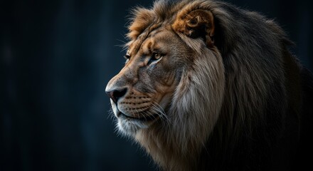 Fototapeta premium Portrait photography of a lion, with a dark blue background, in a minimalistic style