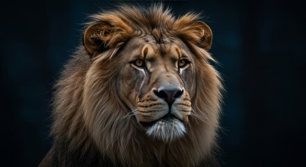 Fototapeta premium Portrait photography of a lion, with a dark blue background, in a minimalistic style