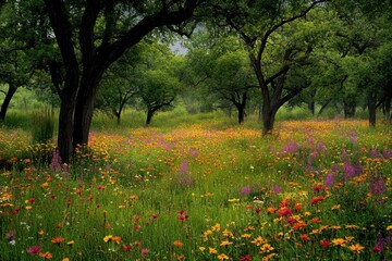 Oak Savanna in Illinois Midwest. Summer Forest with Wildflowers and Grass