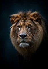 Fototapeta premium Portrait photography of a lion, with a dark blue background, in a minimalistic style