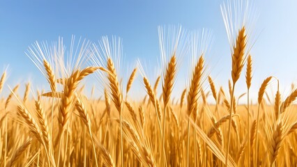 Fototapeta premium Golden wheat field under a bright blue sky, showcasing the beauty of agriculture and the bounty of summer harvest. 