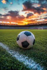 A soccer ball is sitting on the grass next to a white line