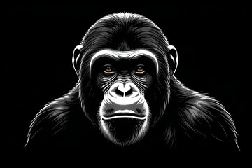 a black and white image of a gorilla with a serious look