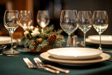 Elegant dining table setup with glassware and seasonal decor ready for special occasion