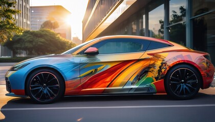 Obraz premium Car wrap mockup showcasing a bold and colorful design on a sleek sports car, parked in a vibrant urban setting with dynamic lighting and reflections. 