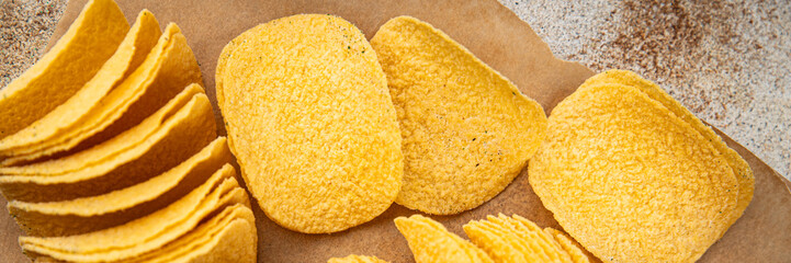 potato chips fast food fresh tasty food dish delicious gourmet food background on the table rustic...