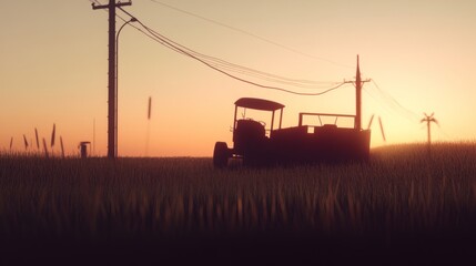 Fototapeta premium Vintage truck silhouette at sunset in field.