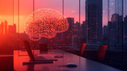 AI in Business Icon A glowing digital brain of interconnected circuits hovers over a futuristic workspace, symbolizing intelligence and innovation. Ideal for AI, future tech or digital transformation.