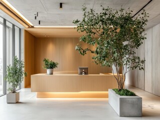 Fototapeta premium Modern reception desk featuring indoor plants and clean minimalist design