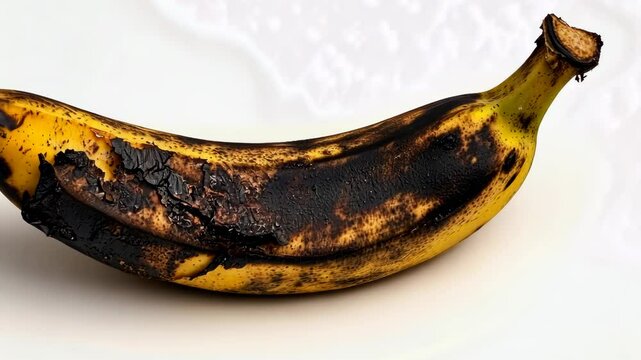 Rotting banana on white surface demonstrates food decay process in a kitchen setting