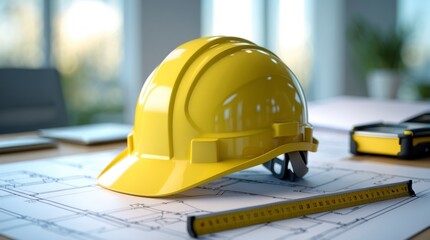 Yellow Hard Hat on Construction Plans Blueprint