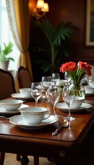 Rich mahogany table, exquisite china, shimmering glassware , rich, cutlery