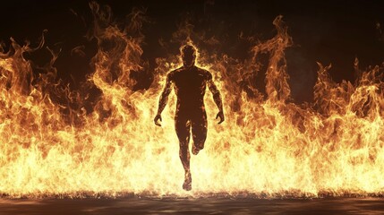 A figure emerging from intense flames.
