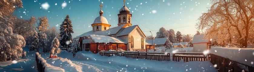 Serene Winter Landscape with Church and Snowy Trees at Sunset