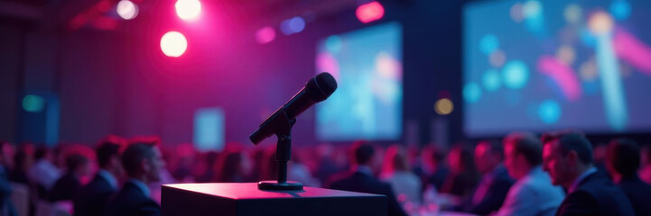 Sleek microphone on podium, blurred conference hall backdrop, sound, business