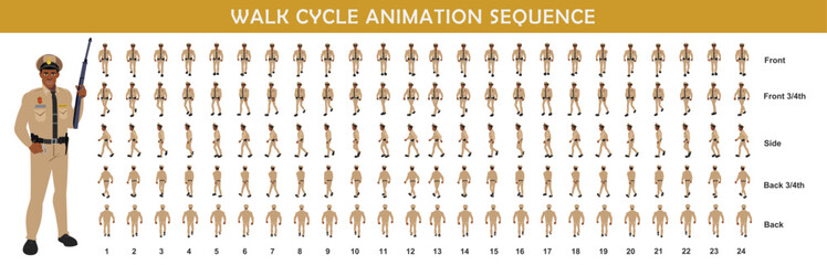 Police Officer Character walk cycle animation sequence. Front walk frame by frame animation sprite sheet.