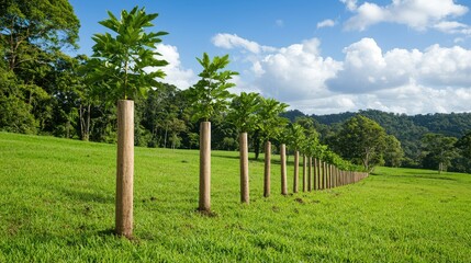 Fototapeta premium Carbon Reforestation Projects Concept, Mixed Use Reforestation Projects Balancing Carbon Cap in Natural Environment with Trees and Grasslands